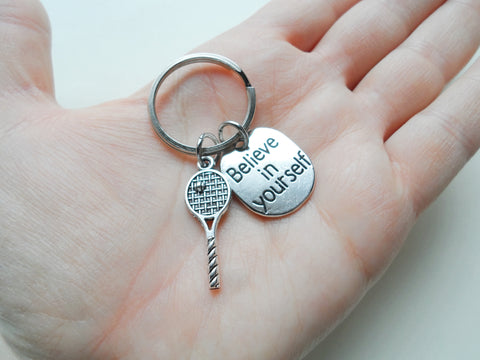 Tennis Racquet Charm Keychain with Believe in Yourself Charm & Initial Charm, Tennis Player or Coach Keychain by JewelryEveryday