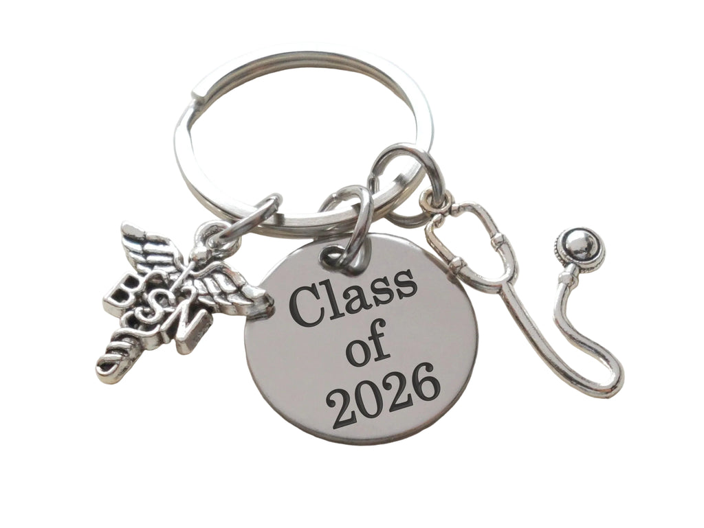 Stethoscope Charm and BSN Charm Keychain with Custom Engraved Disc, Nurse or Medical Student Keychain