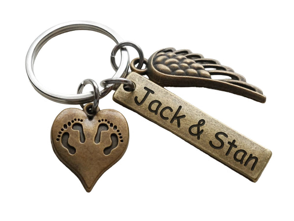 Bronze Twin Babies Memorial Keychain, Twins Feet Heart Charm & Wing Charm & Custom Engraved Tag by JewelryEveryday
