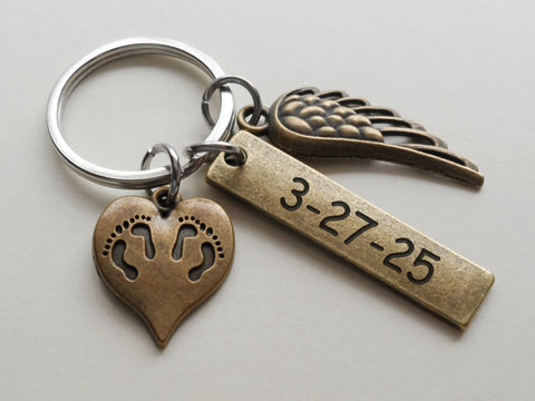Bronze Twin Babies Memorial Keychain, Twins Feet Heart Charm & Wing Charm & Custom Engraved Tag by JewelryEveryday