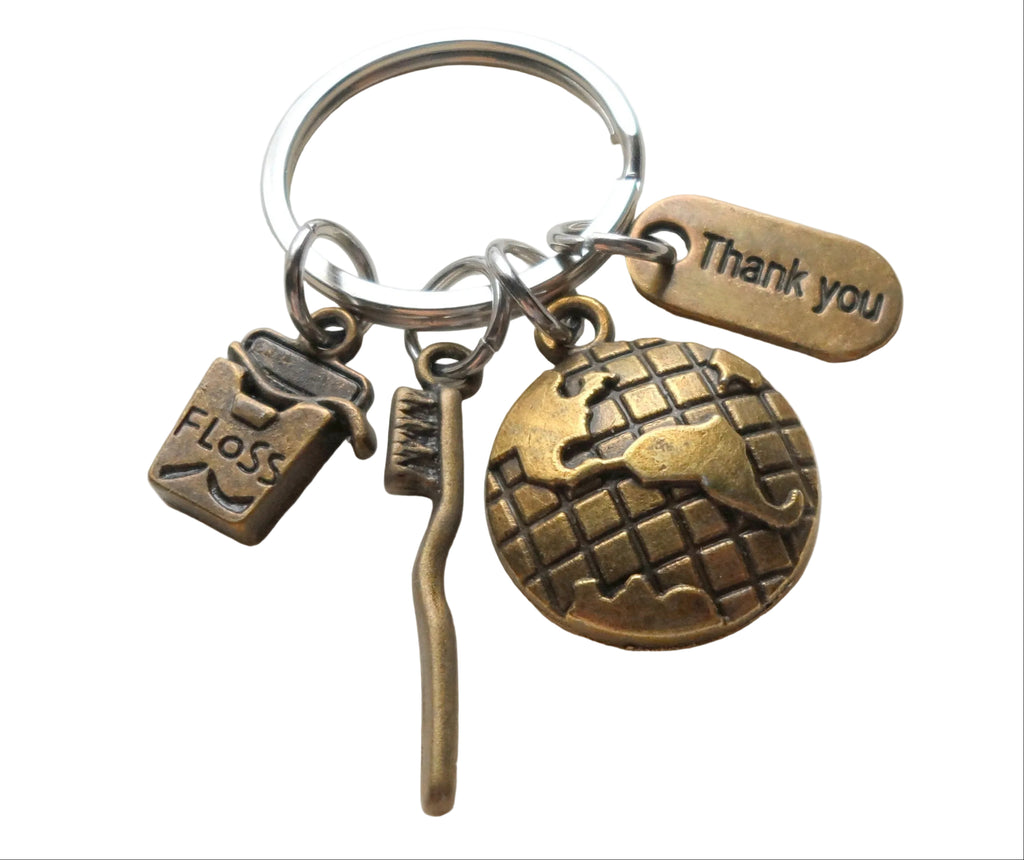 Dental Assistant, Dental Office Staff, Orthodontics Employee Thank You Keychain; Bronze Toothbrush, Floss & Globe Charm Keychain by JewelryEveryday