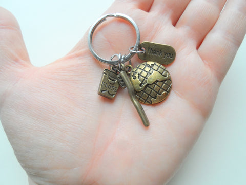 Dental Assistant, Dental Office Staff, Orthodontics Employee Thank You Keychain; Bronze Toothbrush, Floss & Globe Charm Keychain by JewelryEveryday