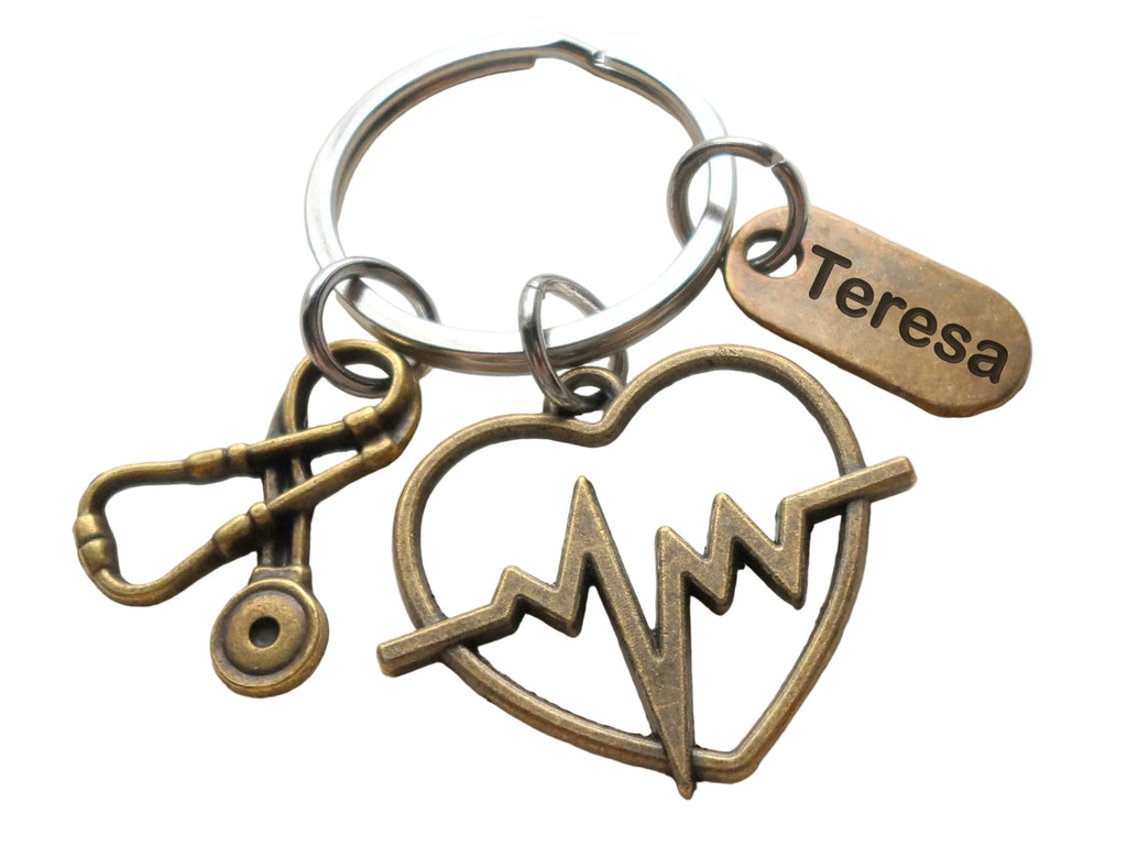 Bronze Heartbeat Medical Charm Keychain with Stethoscope Charm and Personalized Thank You Tag, Doctor Office, Hospital Staff Thank you Gift by JewelryEveryday
