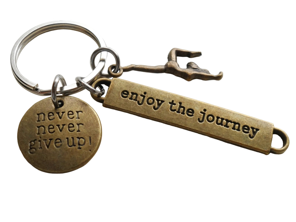 Bronze Gymnastics Charm Keychain with "Enjoy the Journey" Charm and "Never Never Give Up" Disc, Gymnast or Dancer Keychain