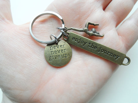 Bronze Gymnastics Charm Keychain with "Enjoy the Journey" Charm and "Never Never Give Up" Disc, Gymnast or Dancer Keychain