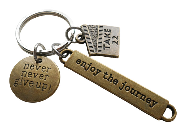Bronze Acting Charm Keychain with Take 22 Clapboard Charm, "Enjoy the Journey" Tag, and "Never Never Give Up" Disc, Director, Videographer, or Actor Keychain
