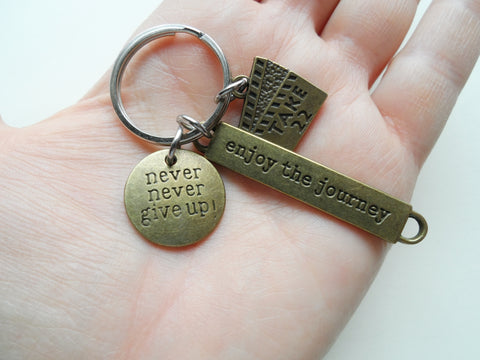 Bronze Acting Charm Keychain with Take 22 Clapboard Charm, "Enjoy the Journey" Tag, and "Never Never Give Up" Disc, Director, Videographer, or Actor Keychain