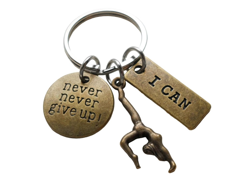 Bronze Gymnastics Charm Keychain with I Can Charm and Never Give Up Disc, Gymnast or Dancer Keychain