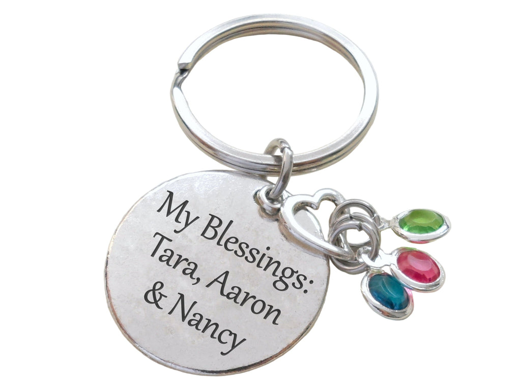 Custom Engraved Disc Keychain With Personalized Family Birthstone Charms, Gift for Mom or Grandma