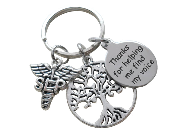 Speech Therapist Appreciation Gift Keychain, Speech Language Pathologist Keychain with Tree, SLP Charm, and "Thanks For Helping Me Find My Voice" Disc Charm by JewelryEveryday