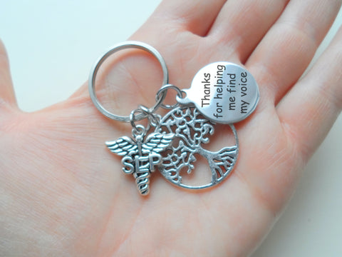 Speech Therapist Appreciation Gift Keychain, Speech Language Pathologist Keychain with Tree, SLP Charm, and "Thanks For Helping Me Find My Voice" Disc Charm by JewelryEveryday