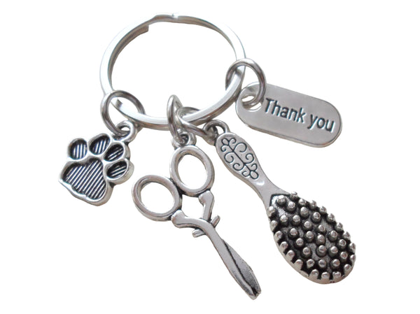 Scissors & Paw Charm Keychain with Brush and Thank You Tag, Key Chain For Pet Groomer Gift