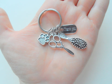 Scissors & Paw Charm Keychain with Brush and Thank You Tag, Key Chain For Pet Groomer Gift