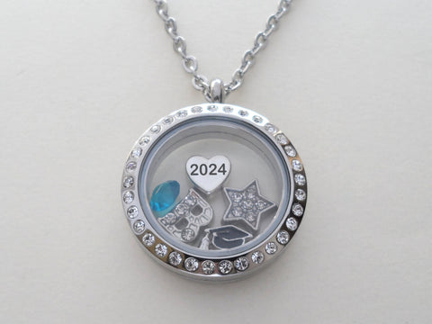 "Class of" Graduate Locket Necklace with Graduate Cap, Graduate Year Heart Charm, and Custom Letter & Birthstone by Jewelry Everyday