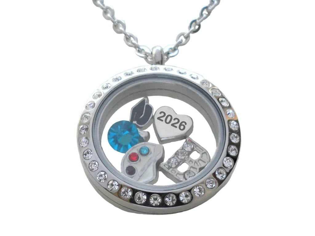 Class of 2026 Graduate Locket Necklace with Graduate Cap, 2026 Heart Charm, and Custom Letter & Birthstone - by Jewelry Everyday