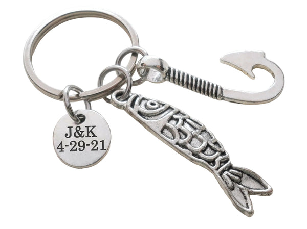 Custom Engraved Fishing Keychain with Fish Charm, Hook Charm & Circle Disc Charm For Couples