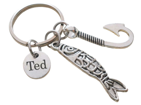 Custom Engraved Fishing Keychain with Fish Charm, Hook Charm & Circle Disc Charm For Couples