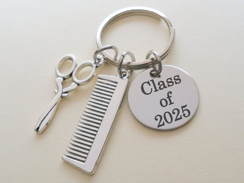 Hair Stylist Keychain, Comb & Scissors Charm with Custom Engraved Disc