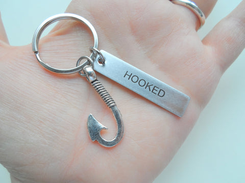 Stainless Steel Keychain Tag Keychain Custom Engraved with Fish Hook Charm; Couples Keychain by Jewelry Everyday