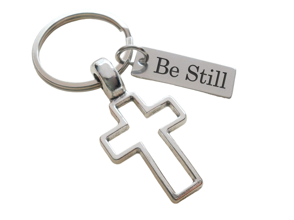 Cross Charm Keychain with "Be Still" Engraved Tag, Religious Keychain