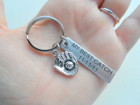 Custom Engraved Stainless Steel Tag Keychain with Baseball Mitt Charm; Couples Keychain Gift by Jewelry Everyday