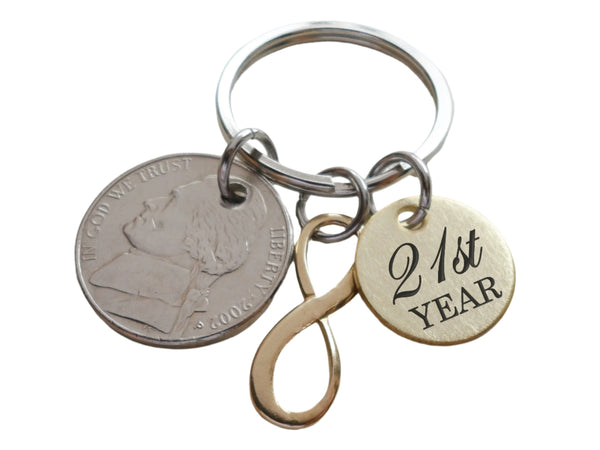 Custom Engraved Brass Disc Keychain with Nickel & Brass Infinity Charm, 21 Year Anniversary Gift, Personalized Keychain