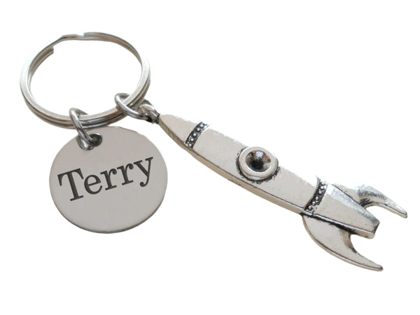 Personalized Spaceship Rocket Charm Keychain and Steel Disc Custom Engraved, Aerospace Engineer Gift, Astronautical Keychain