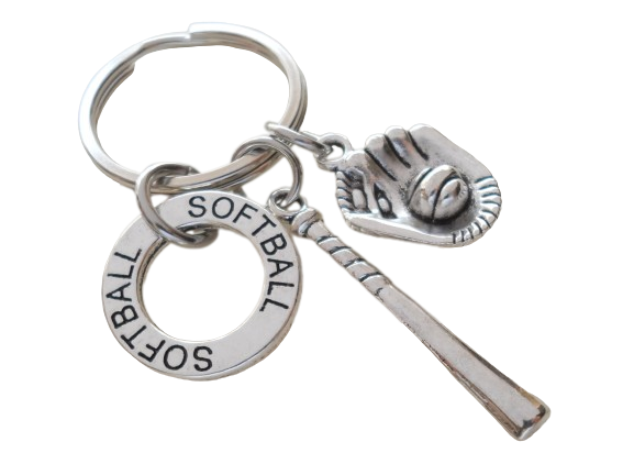 Softball Charm Keychain Gift with Softball Ring Charm Softball Glove Charm & Bat Charm, Softball Team Gift, Softball Players Gift