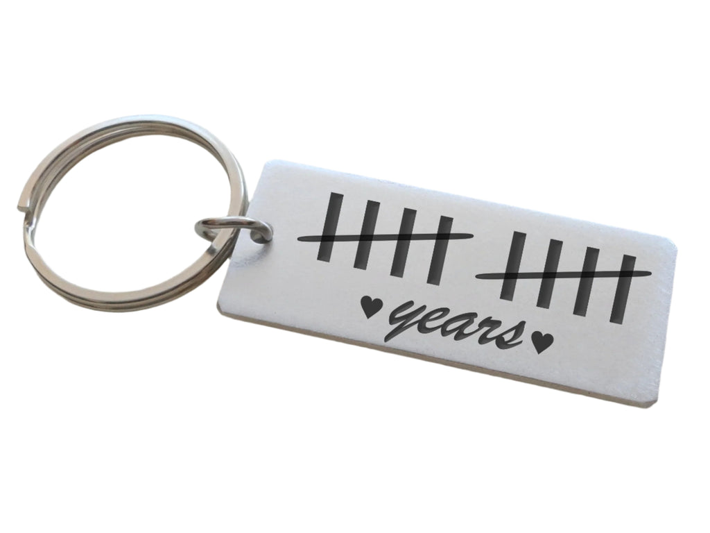 Aluminum Tag Keychain Engraved with 10 Tally Marks and "Years", Couples 10 Year Anniversary Gift