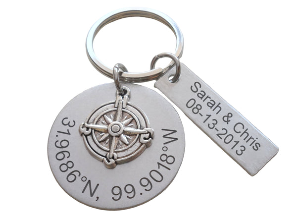 Custom Engraved Coordinates Keychain Aluminum Disc & Rectangle Tag with Compass Charm, Anniversary Gift Keychain, Special Occasion GPS Keychain