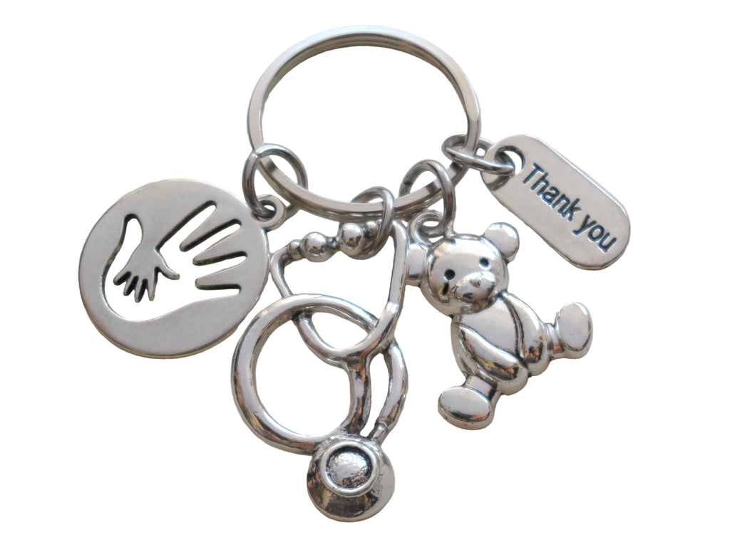 Child Life Specialist Gift Keychain, Pediatric Health Care Keychain, Teddy Bear, Stethoscope, Hand in Hand Charm Keychain, Thank You Tag Keychain