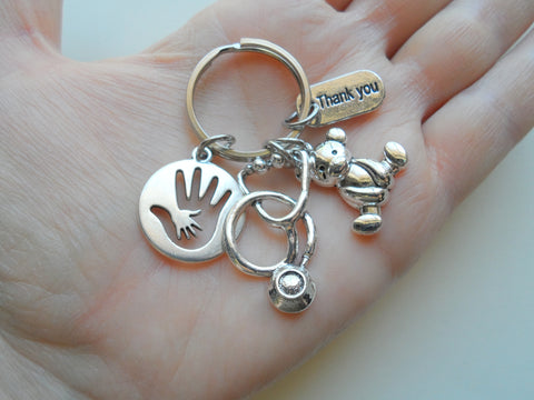 Child Life Specialist Gift Keychain, Pediatric Health Care Keychain, Teddy Bear, Stethoscope, Hand in Hand Charm Keychain, Thank You Tag Keychain