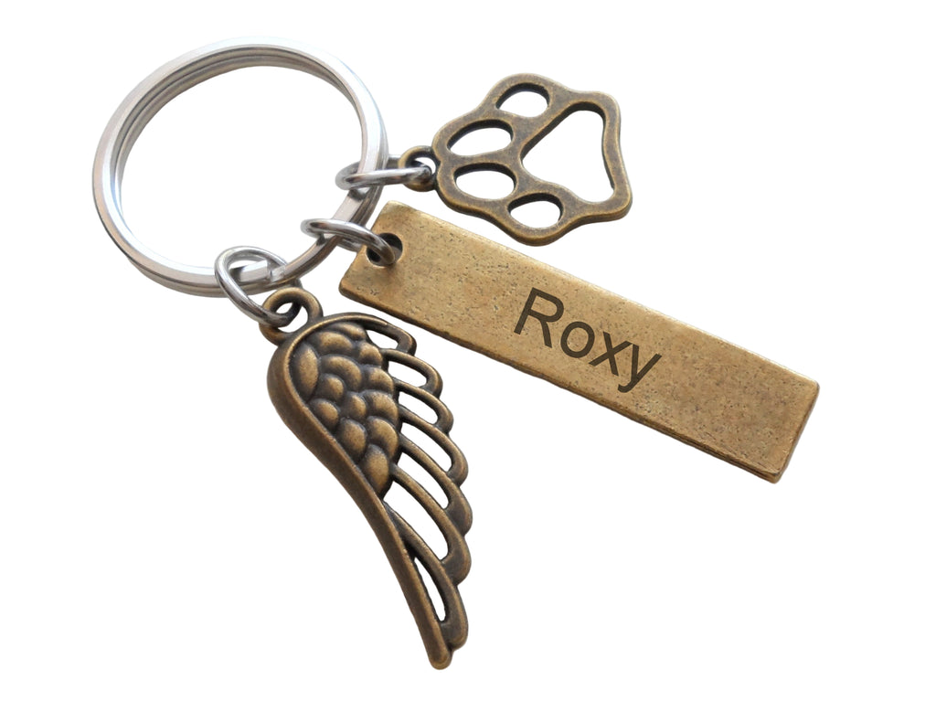 Bronze Charm Dog Memorial Keychain - Custom Engraved Tag with Wing & Paw Charm by Jewelry Everyday