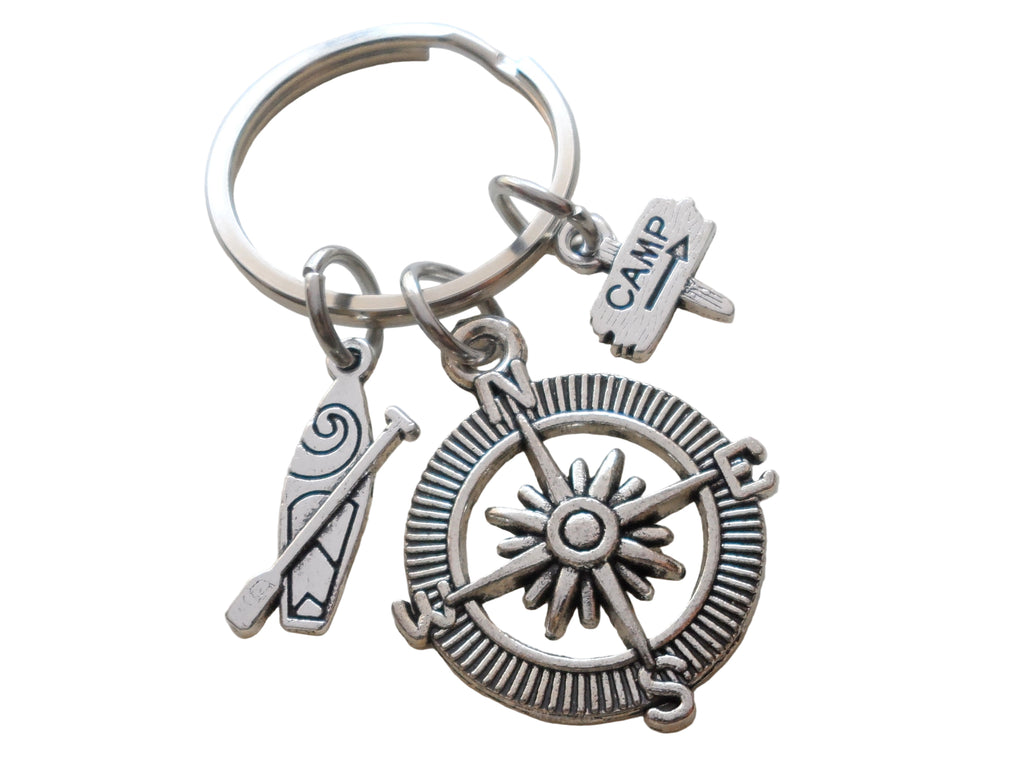 Compass Keychain with Paddle Board & Camp Sign Charm, Camping Keychain