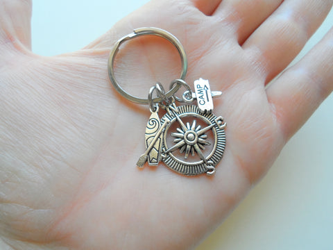 Compass Keychain with Paddle Board & Camp Sign Charm, Camping Keychain
