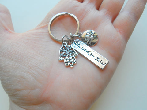 Yoga Teacher or Student Keychain, "Breathe" Engraved Tag, Hamsa Hand Charm & Lotus Flower Charm