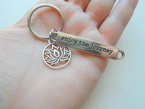 Yoga Teacher or Student Keychain, Lotus Flower Charm & Enjoy the Journey Charm
