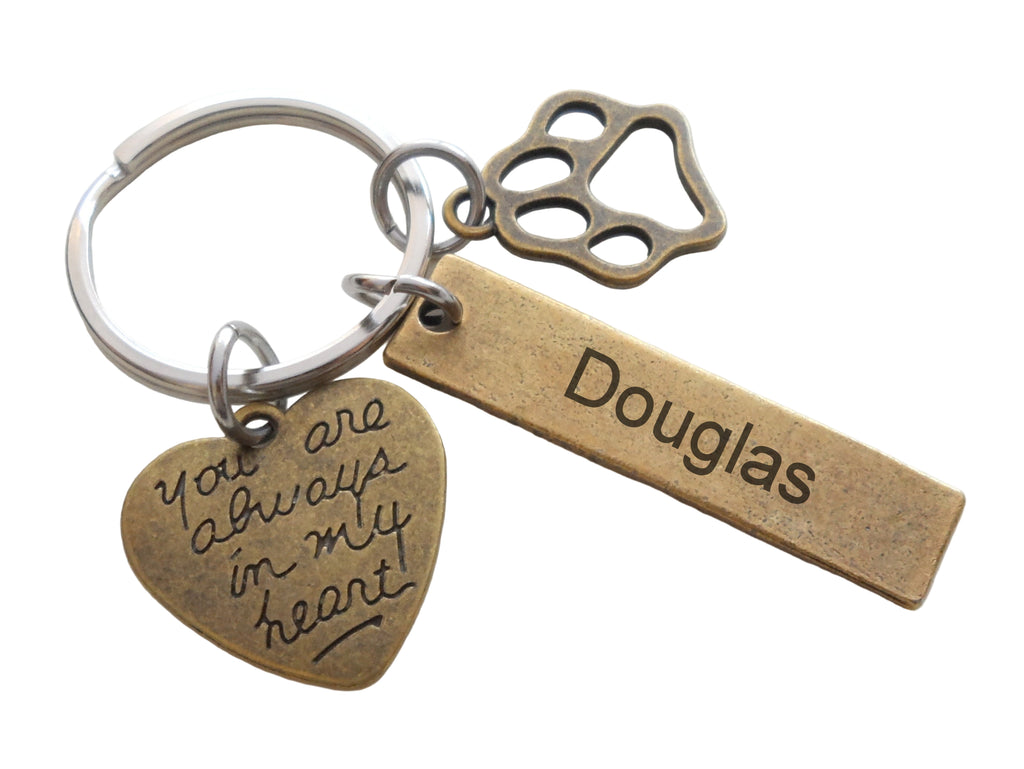 Bronze Charm Dog Memorial Keychain • Custom Engraved Tag with Paw Charm & You are Always in My Heart Charm