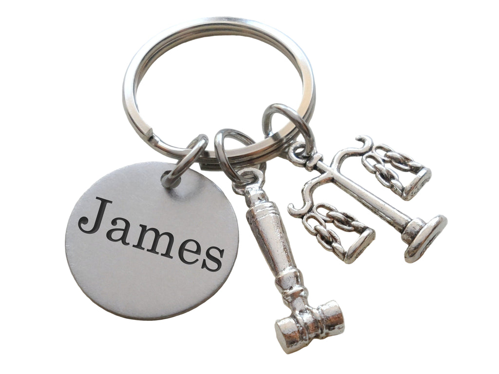 Lawyer or Paralegal Charm Keychain with Custom Engraved Disc, Scales of Law & Gavel Charm KeyChain