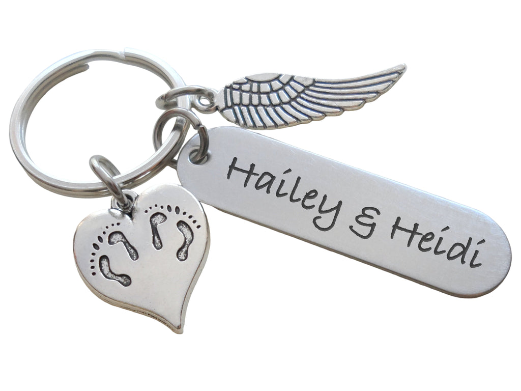 Custom Engraved Memorial Keychain with Twins Feet Heart Charm & Wing Charm, Twin Babies Memorial Keychain