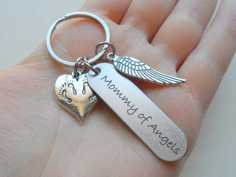 "Mommy of Angels" Keychain with Twins Feet Heart Charm & Wing Charm, Twin Babies Memorial Keychain by Jewelry Everyday