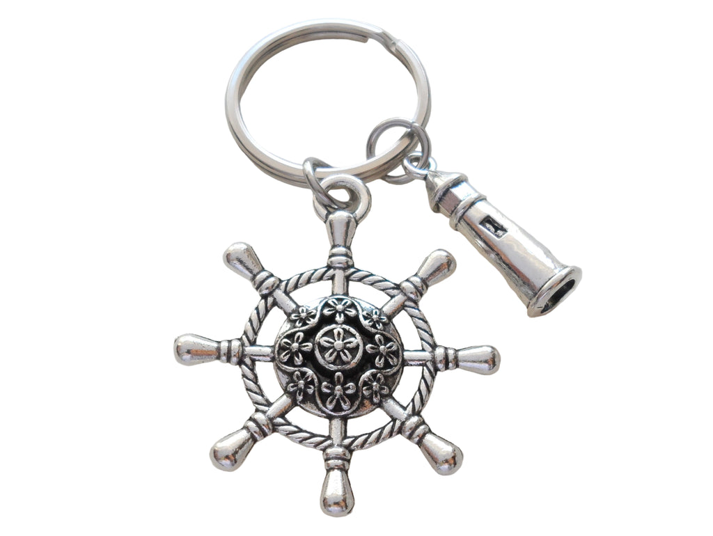 Large Ships Helm Charm Keychain with Lighthouse Charm