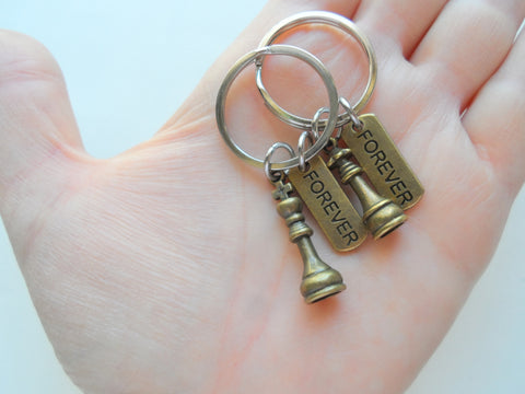 Bronze Small Chess Piece Charm Keychains with Forever Charms & Custom Engraved Option, King and Queen Set - Couples Keychain Set