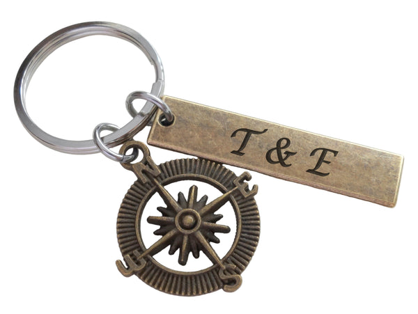 Custom Bronze Compass Charm Keychain with Custom Engraved Tag, From JewelryEveryday