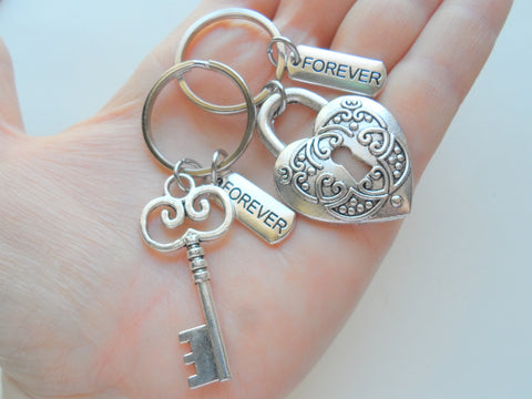 Key and Heart Lock Charm Keychain Set with Forever Charms - Key To My Heart; Couples Keychain Set