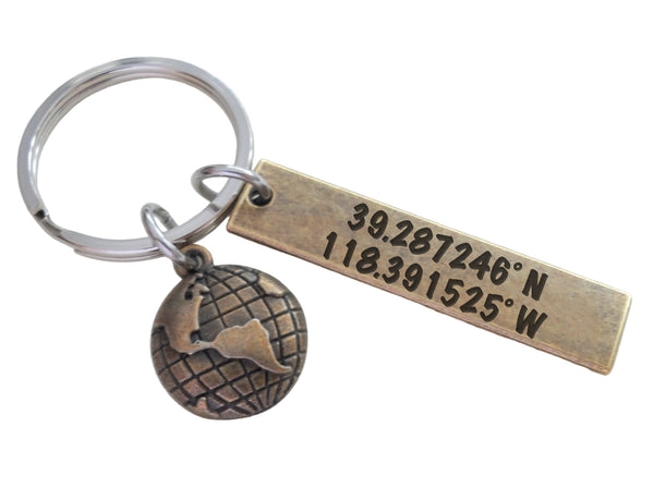 Bronze World Globe Charm Keychain with Custom Engraved Coordinates Tag