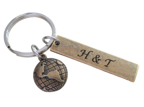 Bronze World Globe Charm Keychain with Custom Engraved Coordinates Tag