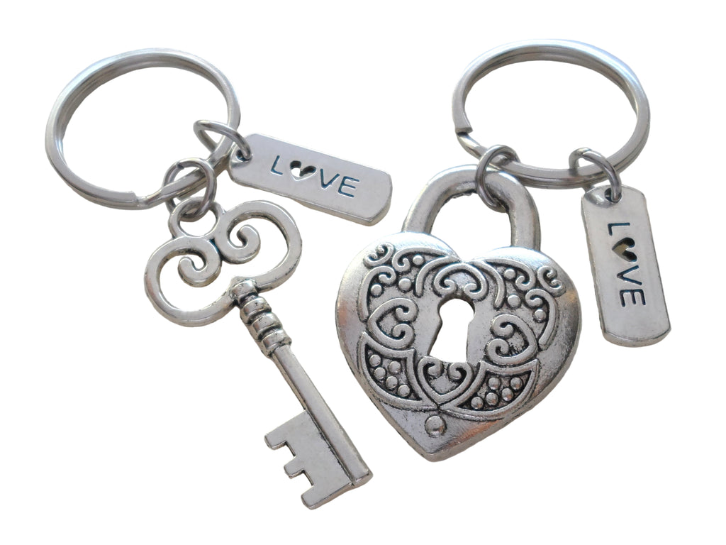 Key and Heart Lock Charm Keychain Set with Love Charms - Key To My Heart; Couples Keychain Set