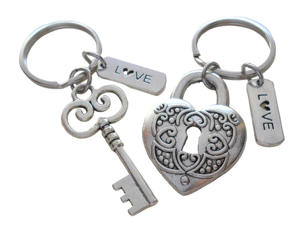 Key and Heart Lock Charm Keychain Set with Love Charms - Key To My Heart; Couples Keychain Set
