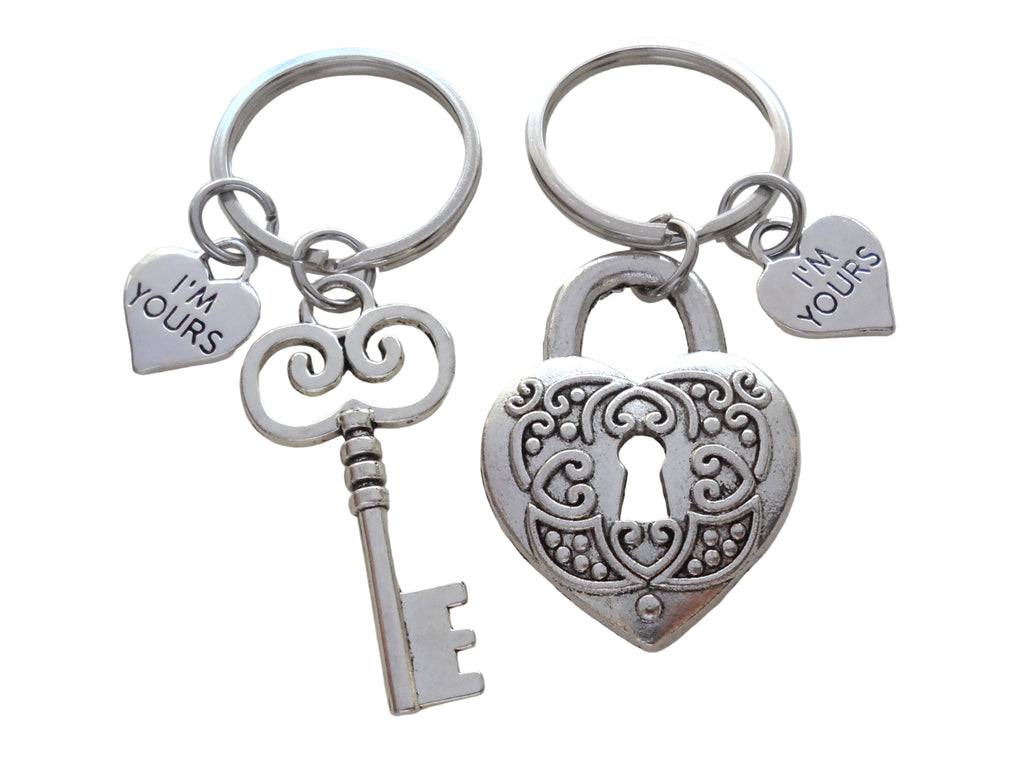 Key and Heart Lock Charm Keychain Set with I'm Yours Charms - Key To My Heart; Couples Keychain Set